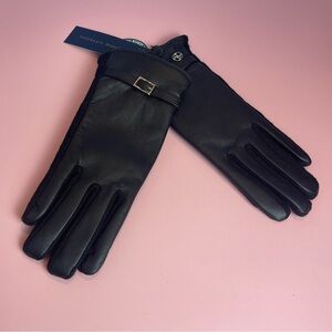 Adrienne Vittadini Black Leather Gloves Touchscreen Wool blend lining S/M NWT